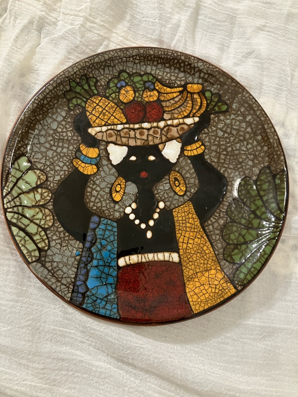 Hand-Painted Black Woman Ceramic Wall Plate with Yellow and Blue Accents